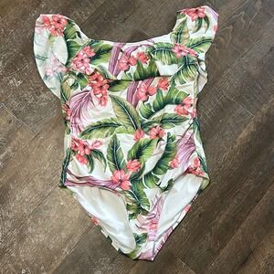 Kona Sol XL Tropical Floral Ruffle Shoulder One Piece Swimsuit‎ White Pink